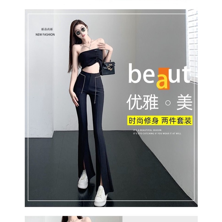 Quần Dài Ống Loe Lưng Cao Xẻ Tà Màu Đen Thời Trang Mùa Hè Cho Nữ