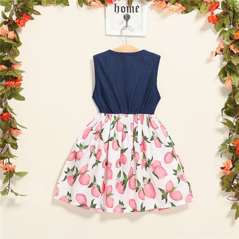 Đầm MIKRDOO vải denim không tay in họa tiết hoa trái cây thời trang mùa hè cho bé gái 1-5 tuổi