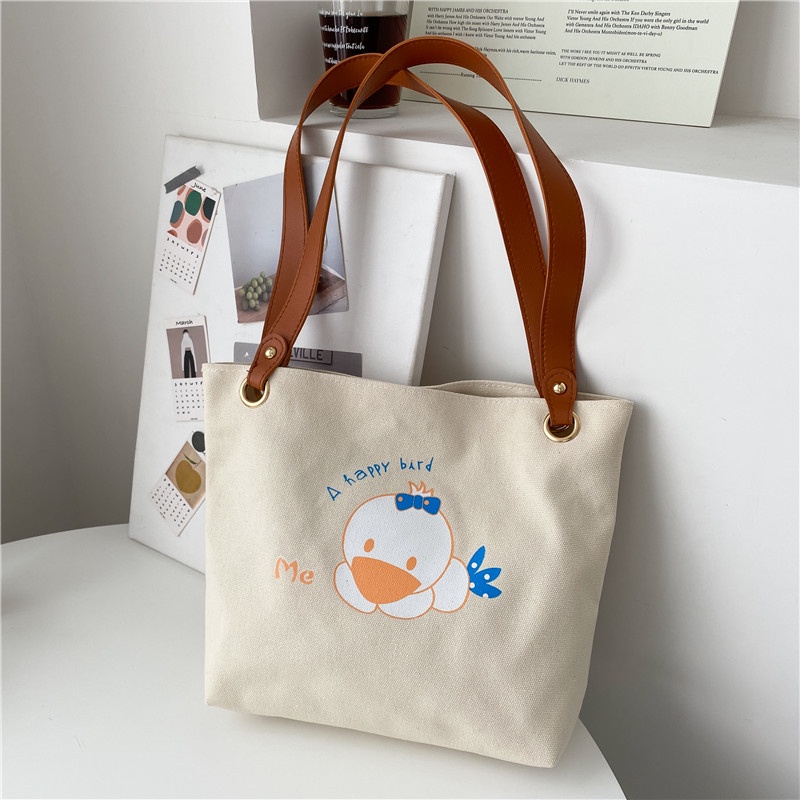 Túi đeo vai vải canvas sức chứa lớn họa tiết hoạt hình thời trang Hàn Quốc 2021