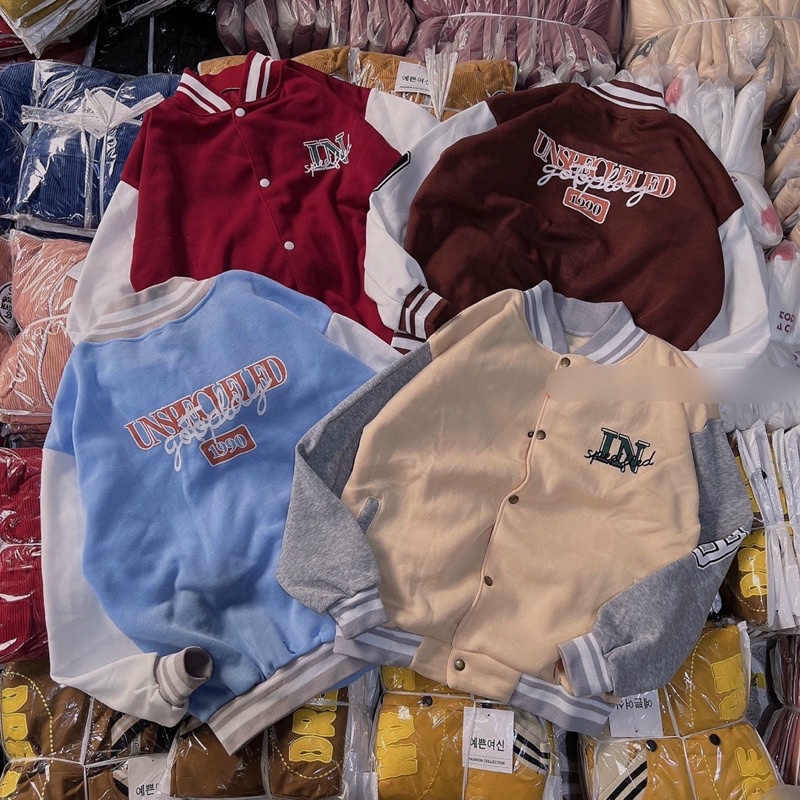 Áo khoác bomber nút bấm nỉ phối tay