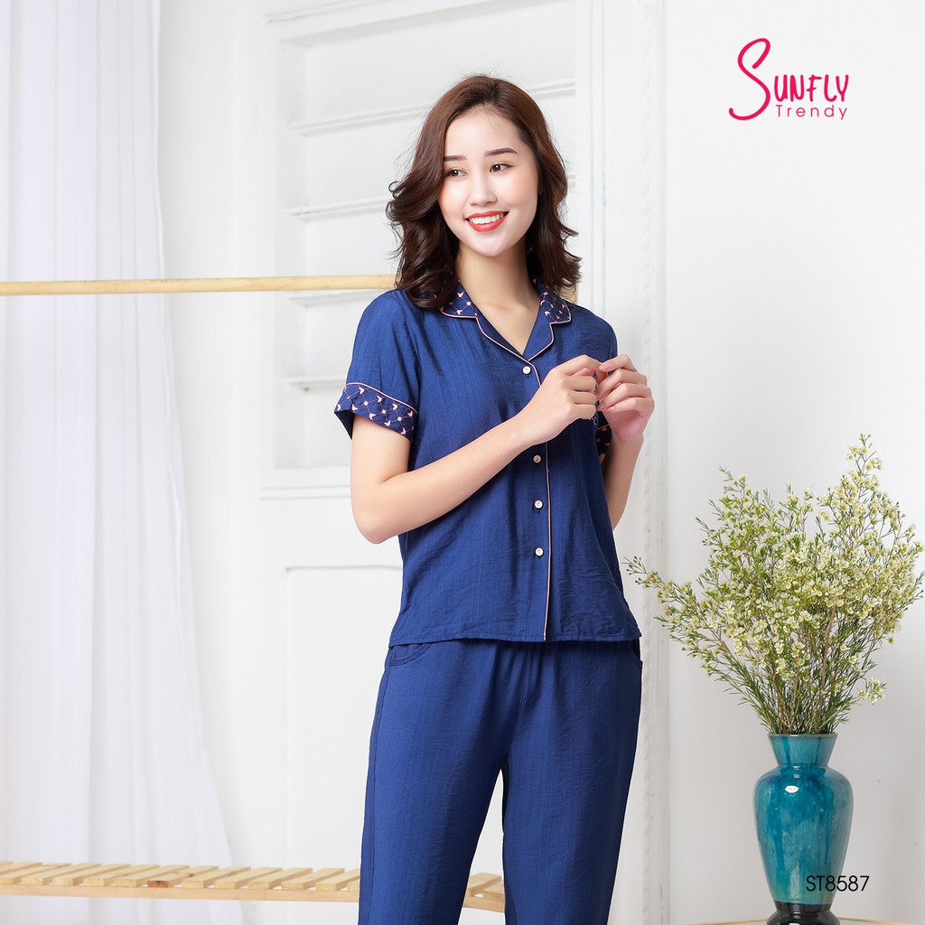 [Mã WABRWA15 giảm 15% đơn 300K] Bộ pijamas Linen áo cộc, quần dài Sunfly ST8587