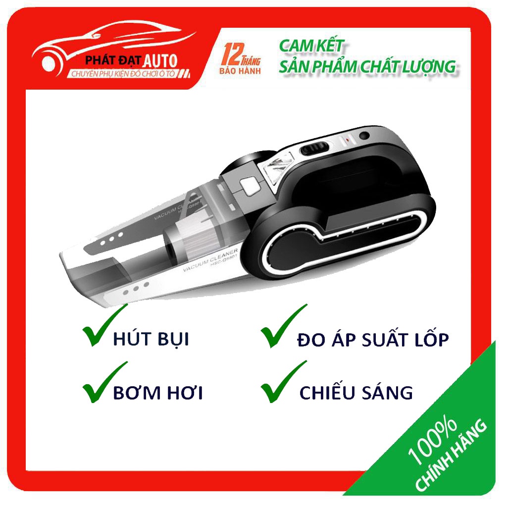 Máy Hút Bụi Ô Tô - Máy Bơm Lốp Ô Tô Đa Năng 4 Trong 1 - Hút Bụi, Bơm Lốp, Đo Áp Suất Lốp, Đèn Pin Chiếu Sáng,