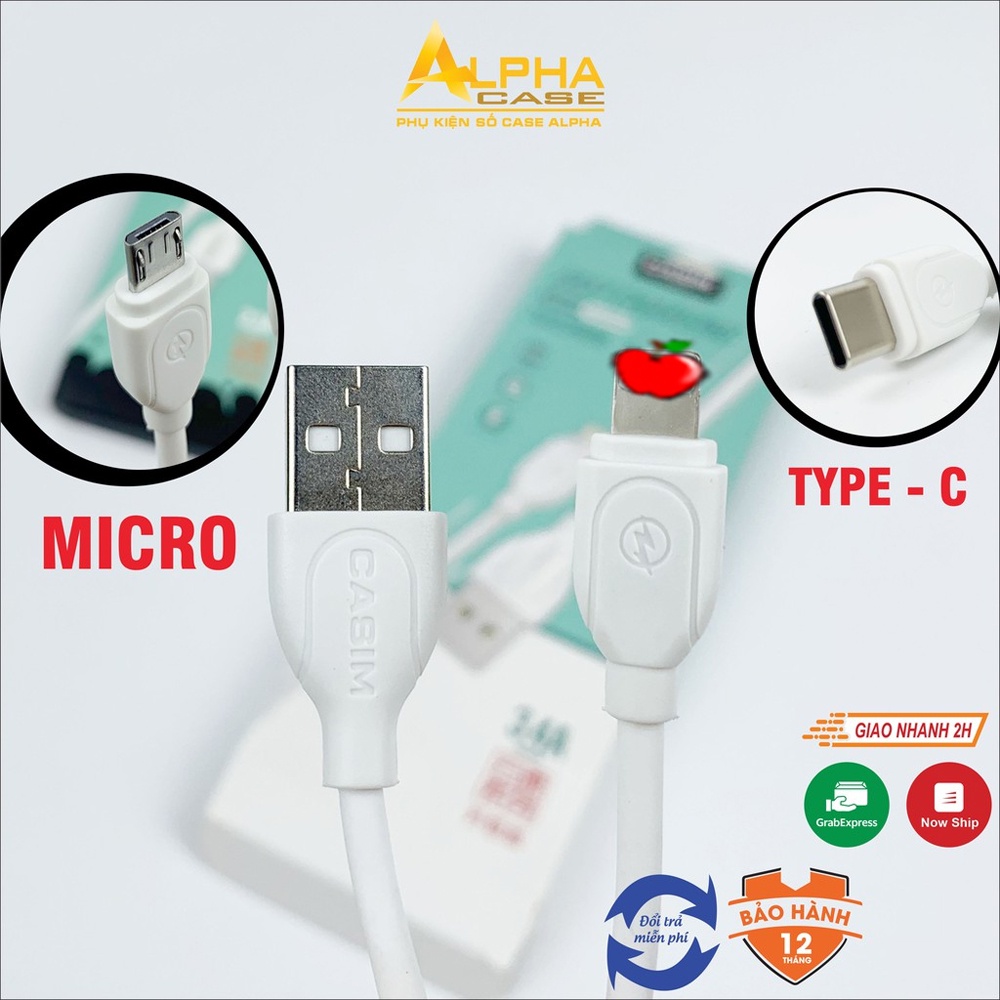 Dây sạc IP, Cáp sạc nhanh samsung c35 đủ mã chân dẹt, Type-c, Micro chính hãng casim casealpha