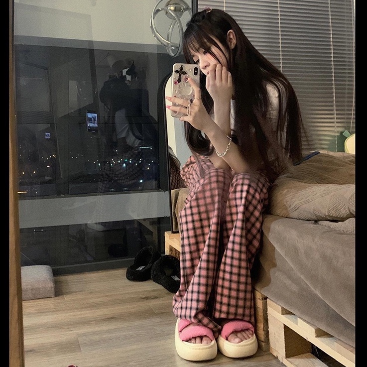 【ZHELIHANGFEI】Quần Dài Lưng Cao Ống Rộng Họa Tiết Sọc Caro Phong Cách Mỹ