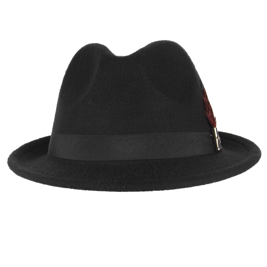 Mũ Fedora vải len nhân tạo vành phẳng màu đen phong cách cổ điển cho nam