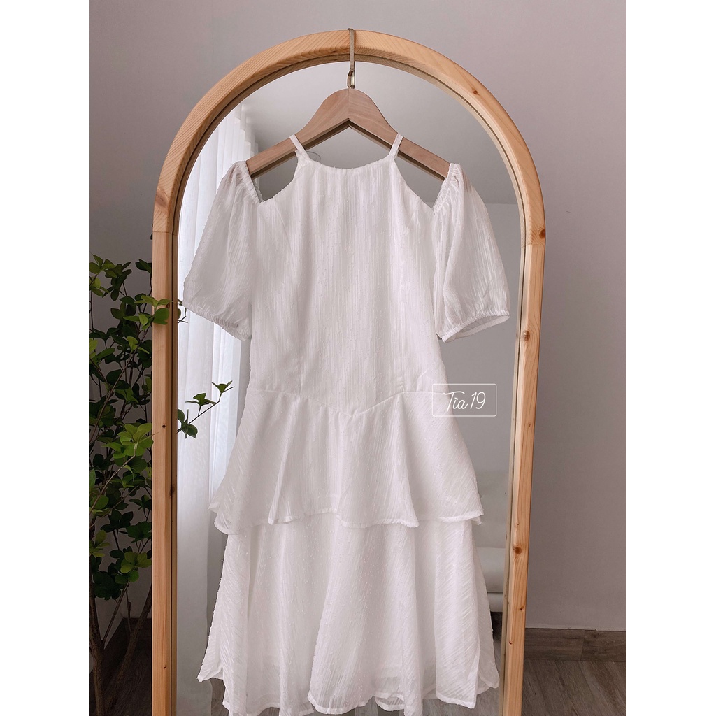 Váy cổ yếm cộc tay tầng Tia19. Đầm cổ yếm cộc tay (ảnh thật).
