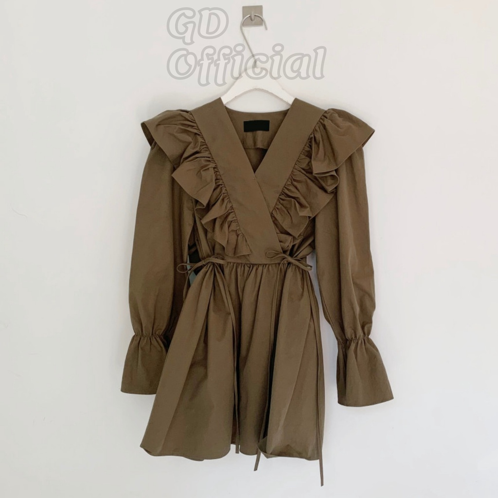 D8|Đầm nữ ngắn thanh lịch, kiểu dáng retro, đơn giản cho nữ chất cotton mềm mại tay phồng nâu, trắng, đen GD Official