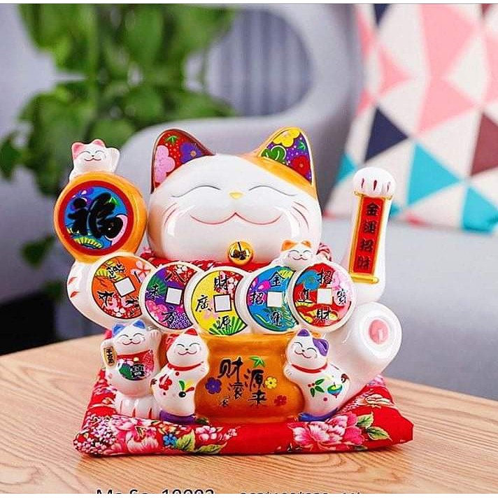 Mèo Thần Tài , Mèo May Mắn Vẫy Tay Cao 25cm Cầm Quả Cầu Phát Sáng