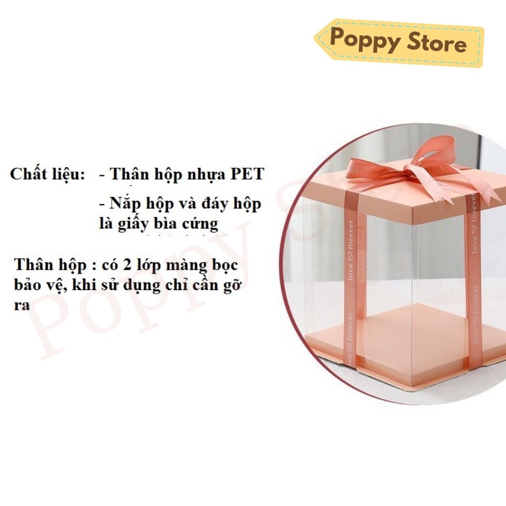 Hộp đựng bánh kem sinh nhật, hộp nhựa mica có nắp, màu cam pastel dễ thương, tặng kèm ruy băng - POPPY STORE