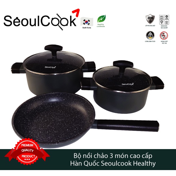 Bộ nồi chảo đáy từ 3 món cao cấp Hàn Quốc Seoulcook Healthy, thiết kế hiện đại, dùng được tất cả các bếp/Induction