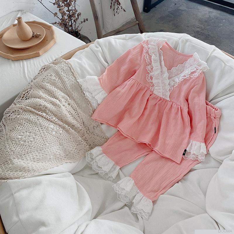 Bộ đồ ngủ áo tay phồng cổ chữ V phối ren + quần dài thời trang cho bé gái