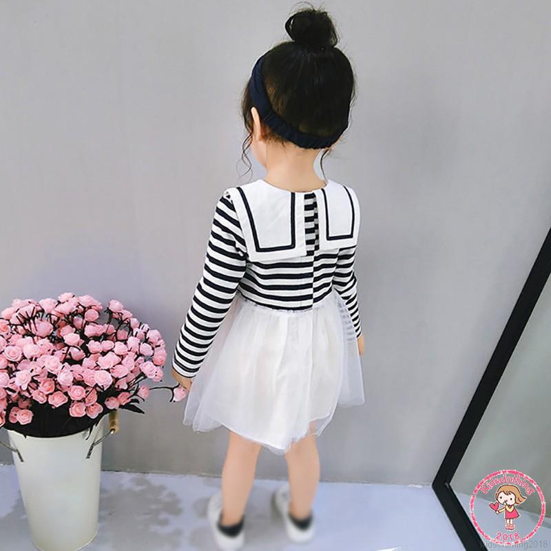 KIDS Đầm xòe tay dài kẻ sọc phối lưới đáng yêu cho bé gái