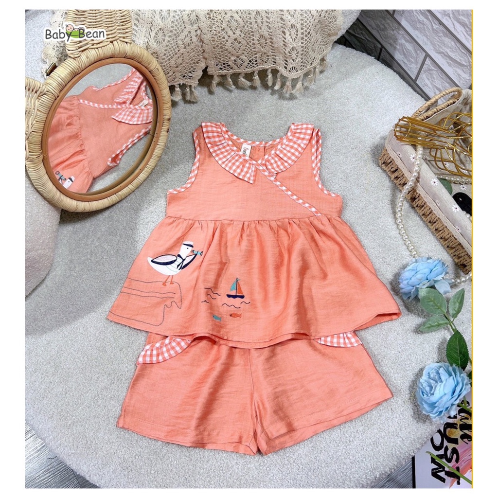Bộ Đồ Đũi Lá Cổ Caro Nhún Bèo Bé Gái BabyBean