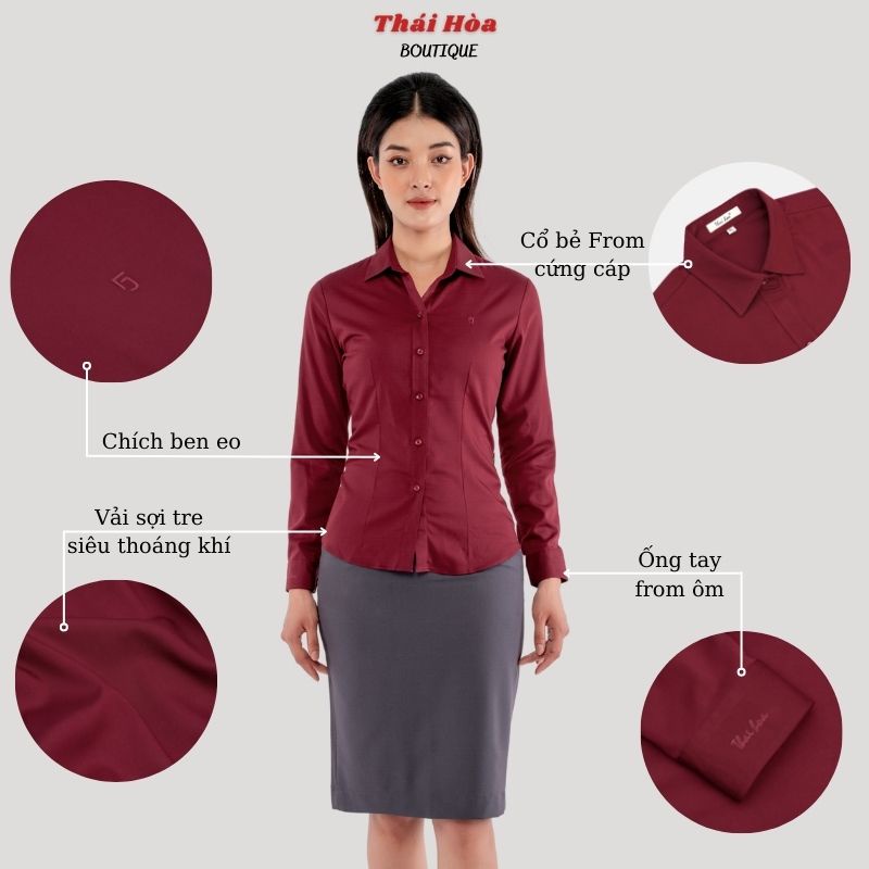 Áo sơ mi nữ công sở kiểu dài tay vải sợi tre cao cấp màu đỏ đô Thái Hoà 8919-12-01