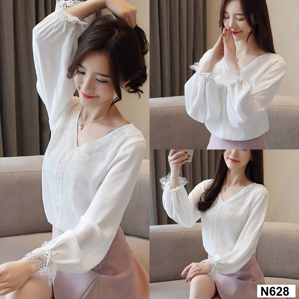 Áo Sơ Mi Nữ Cổ V Viền Ren Tay Bo Phối Ren Akara N628
