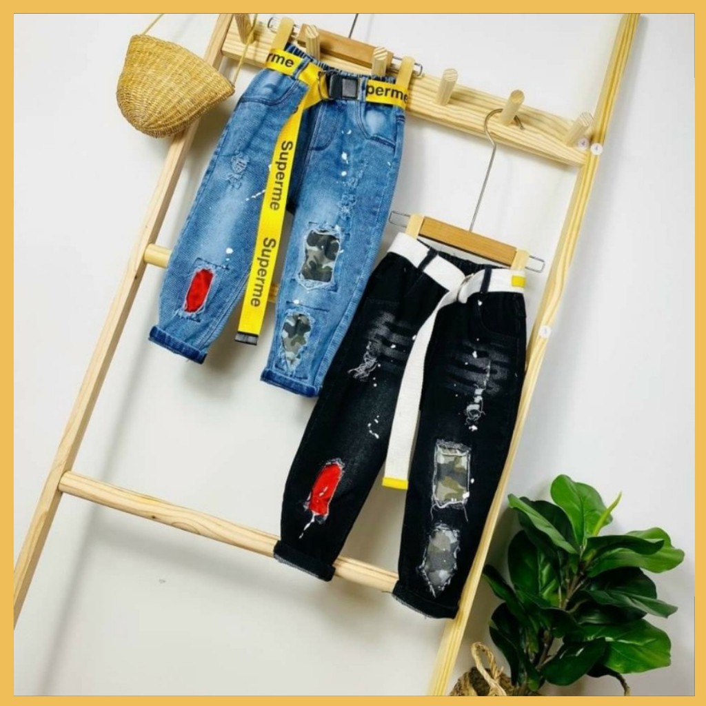 Quần jeans dài cá tính cho bé trai bé gái 10-25kg ( Không kèm dây đai)