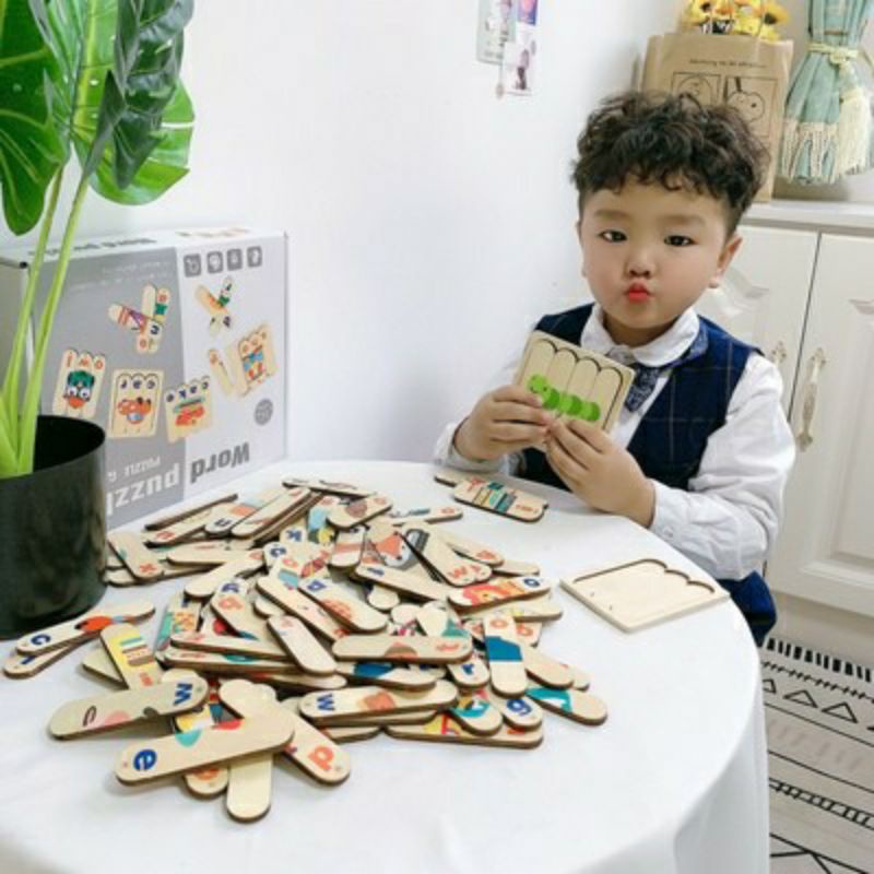 Đồ chơi thông minh cho bé Montessori bộ xếp hình 96 que gỗ học tiếng Anh hiệu quả