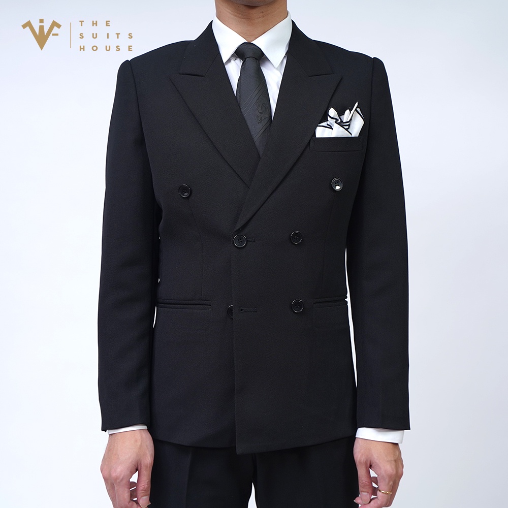 Bộ vest nam đen sáu khuy áo suits blazer quần tây crop gấu, form ôm, satorial, vải WOOL- The Suits House