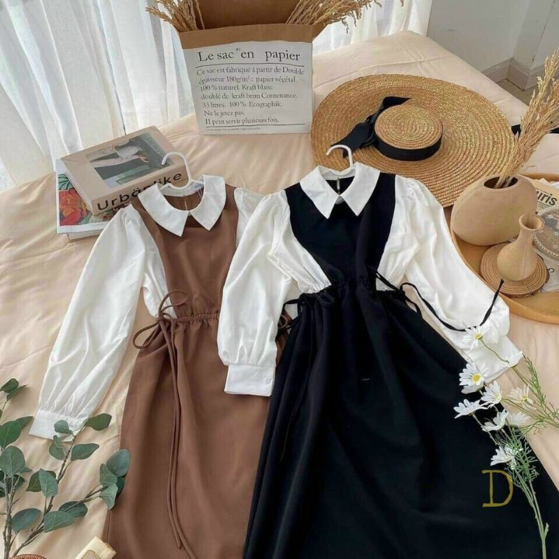 set đầm yếm áo dài tay