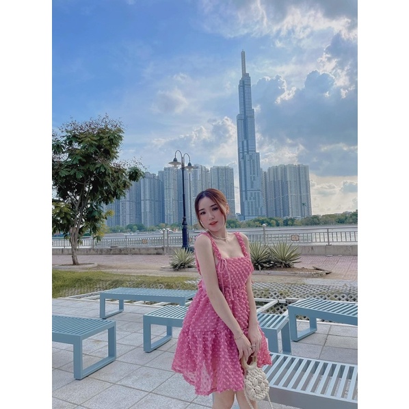 Váy 2 Dây Voan Nổi Nơ Sau Có Đệm Ngực 4 Màu Siêu Xinh