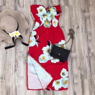 Đầm ống maxi xẻ tà có cúp ngực