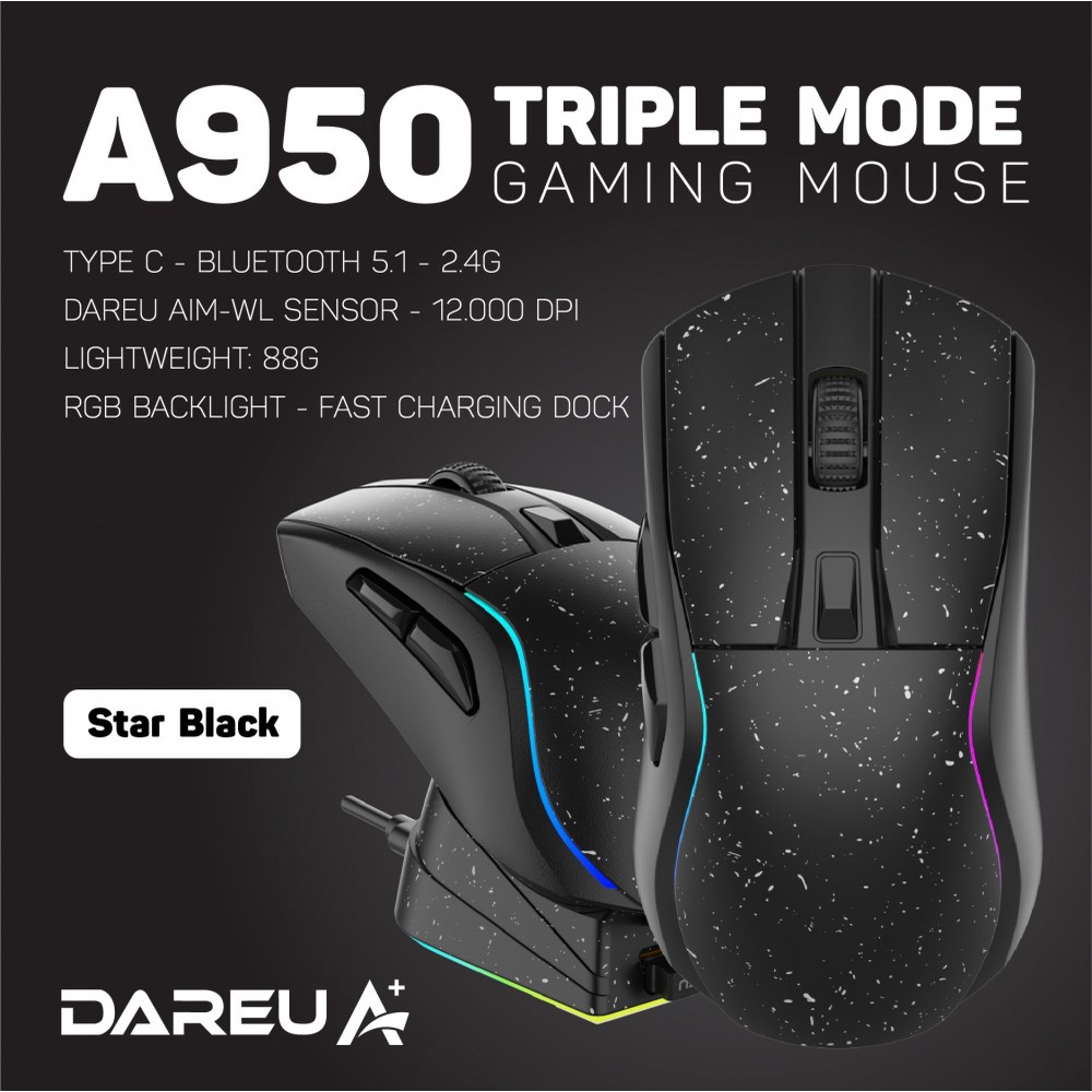Chuột không dây Gaming DAREU A950 TRIPLE MODE (BLACK / PINK) - SUPERLIGHT, FAST CHARING DOCK ( BH 24T )