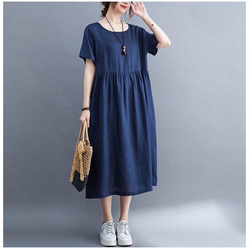 {Hàng Sẵn} Đầm suông đũi cổ tròn form rộng trẻ trung, chất vải đũi mềm mát, thời trang phong cách Nhật Bản Da81