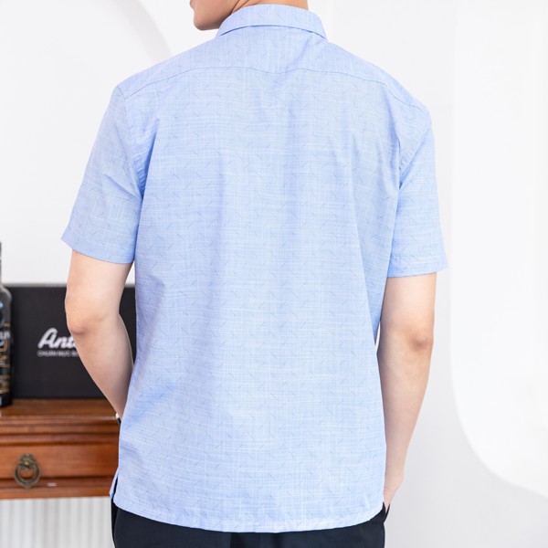 Áo Sơ Mi Nam Công Sở Trung Niên Thương Hiệu Anton Xanh Dương Ngắn Tay Họa Tiết In Chìm Vải Cotton - GD561