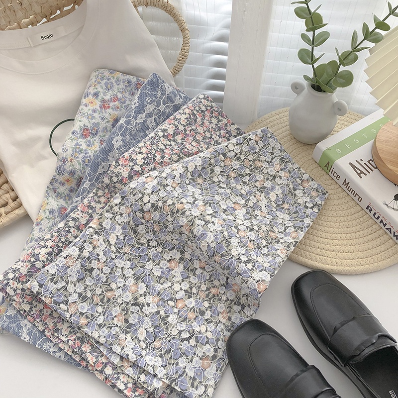 Summer retro lace stitching floral high waist A-line bag hip mini skirt