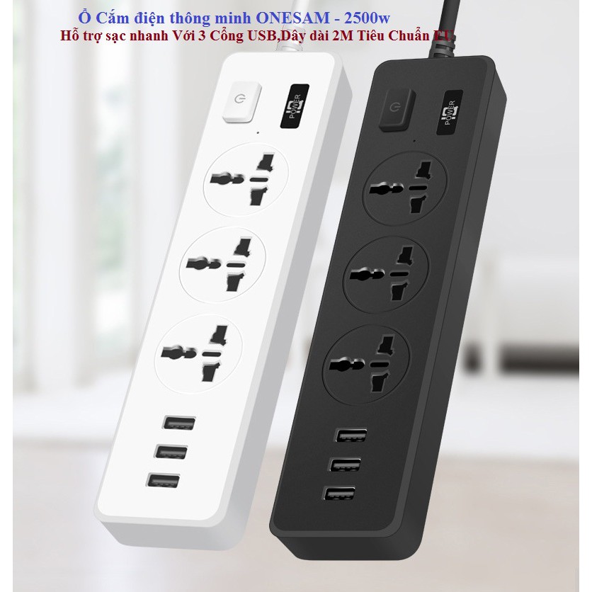 Ổ cắm điện đa năng cổng 3 USB ổ cắm thông minh an toàn chống quá tải dây 1.8m công suất 2500W hãng ONESAM tiêu chuẩn EU