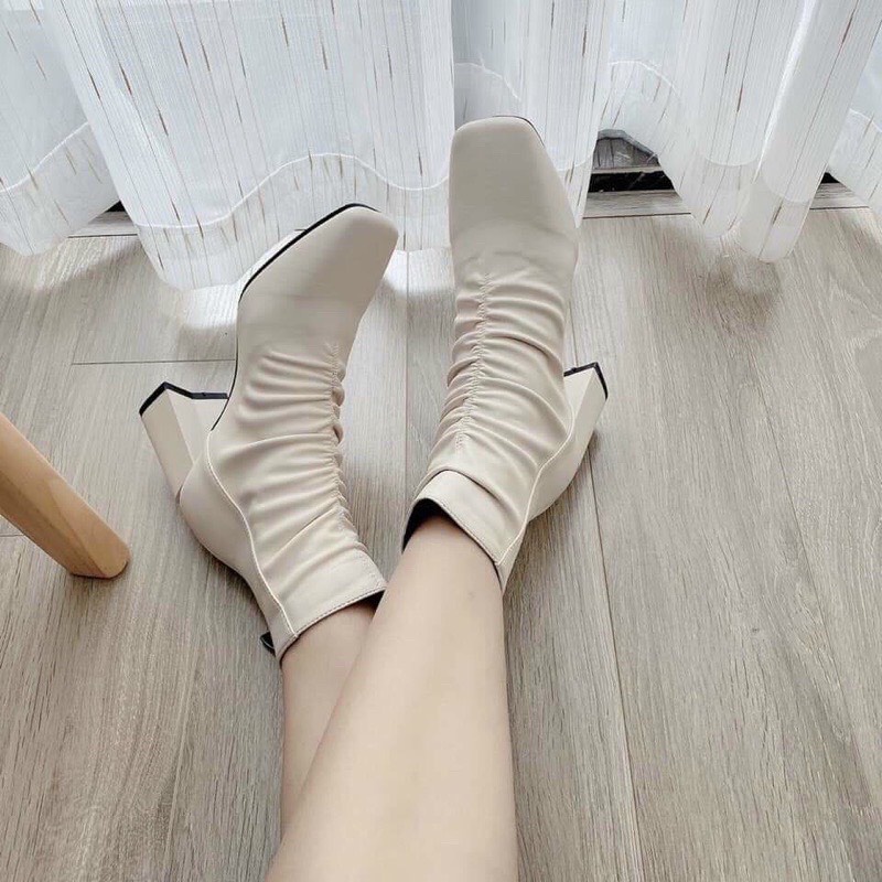[Quà tặng là dây chun buộc tóc nữ] Boot da lì nhún chun gân giữa Bốt cao gót mũi vuông 7p Lucy Outfit thiết kế fullbox | BigBuy360 - bigbuy360.vn