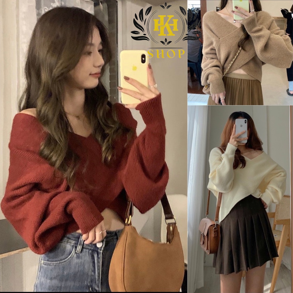 Áo len tăm trễ vai - Áo len vạt chéo he khuyết điểm, Chất len tăm phong cách Hàn Quốc siêu xinh HK Shop9720