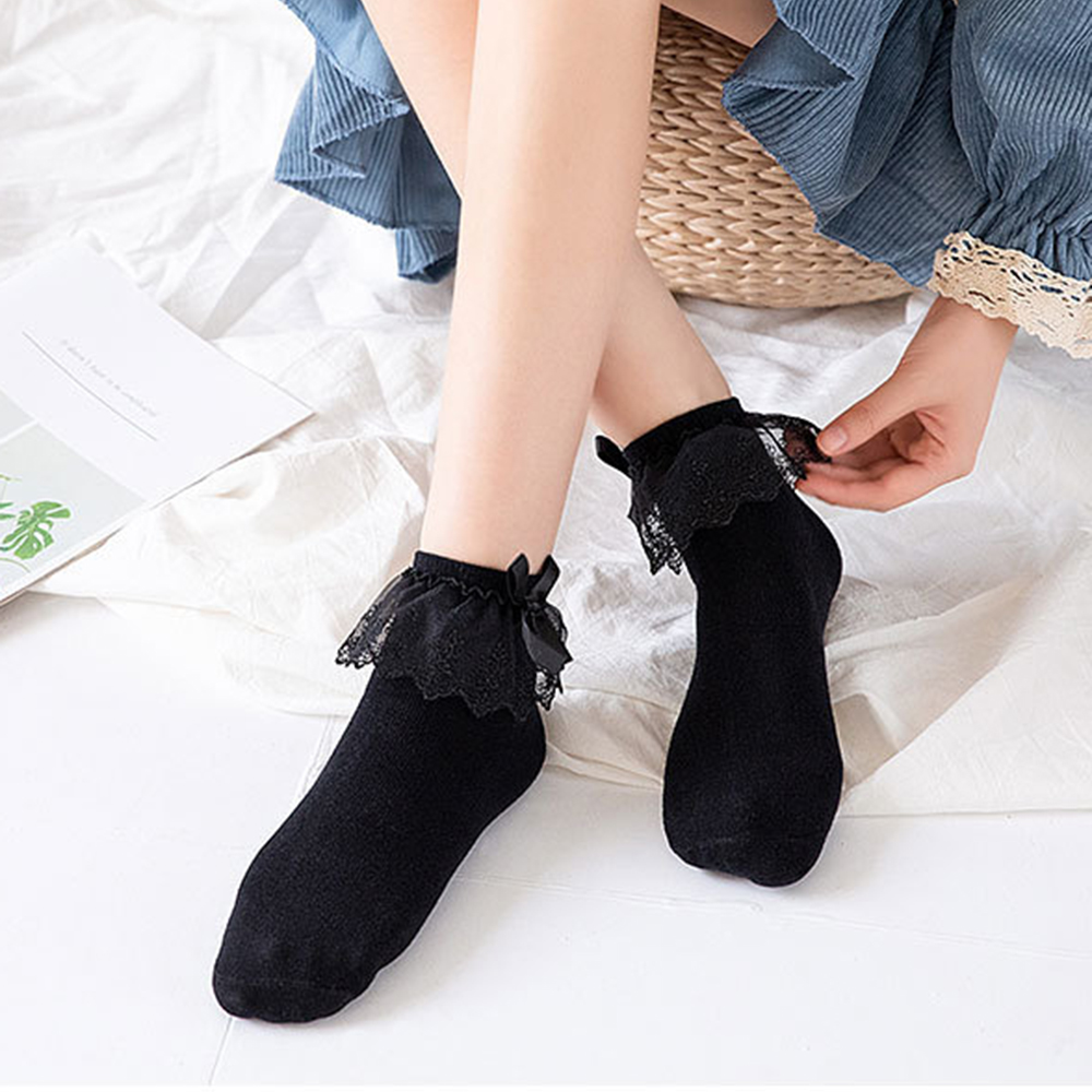 Vớ Cotton Phối Ren Đính Nơ Xinh Xắn Dành Cho Nữ