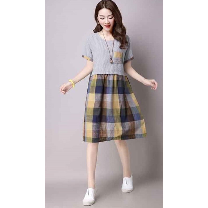đầm caro big size phối màu bao xinh size 70-80kg