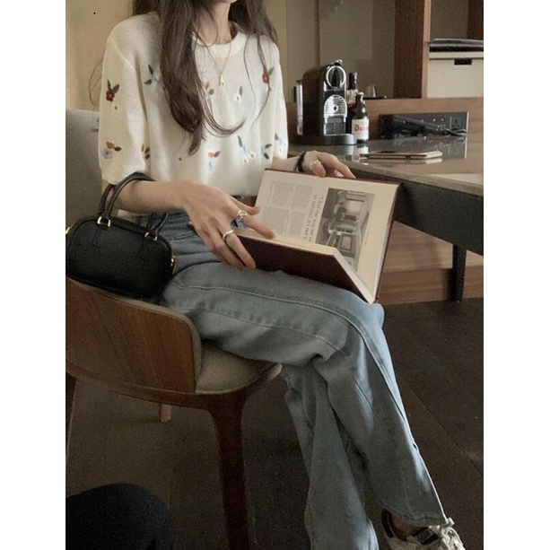 Áo Sweater Tay Ngắn Cổ Tròn Dáng Rộng Thêu Hoa Nhỏ Phong Cách Hàn Quốc Dành Cho Nữ