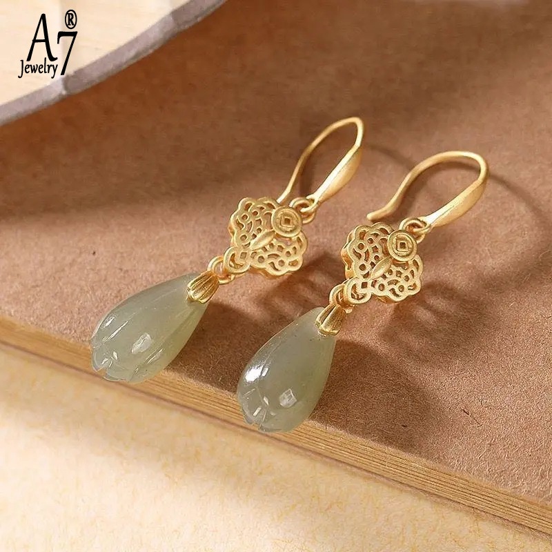 Bông Tai Bạc S925 Đính Ngọc Bích Kiểu Vintage Dễ Thương Cho Nữ