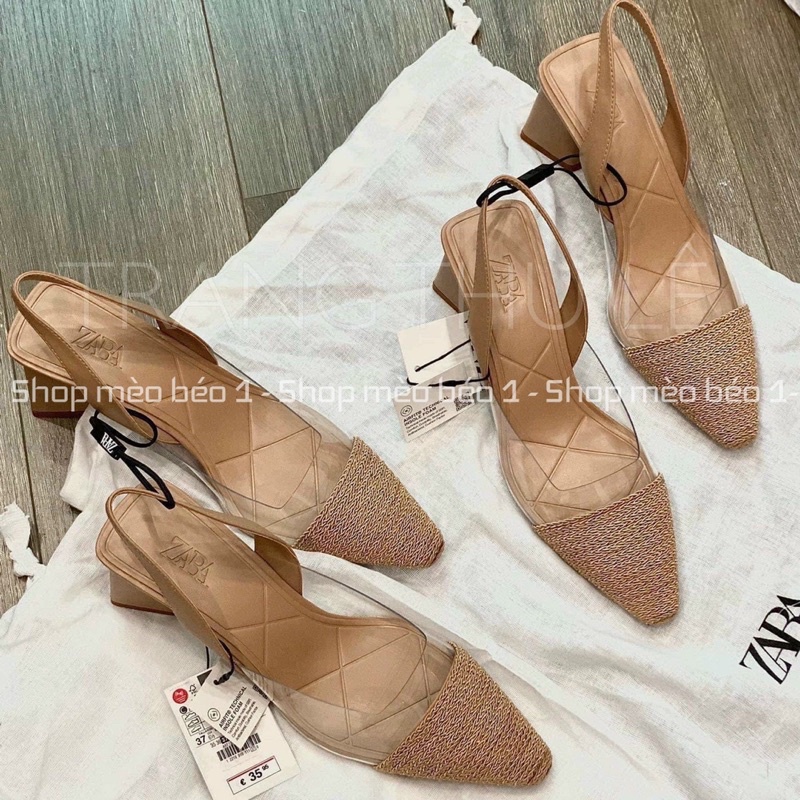 Sandal zara mica mũi vải gót trụ xuất dư fullbox