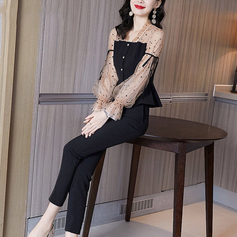 Set áo kiểu phối tay phồng voan và quần dài ôm dáng che khuyết điểm thanh lịch co bán lẻ