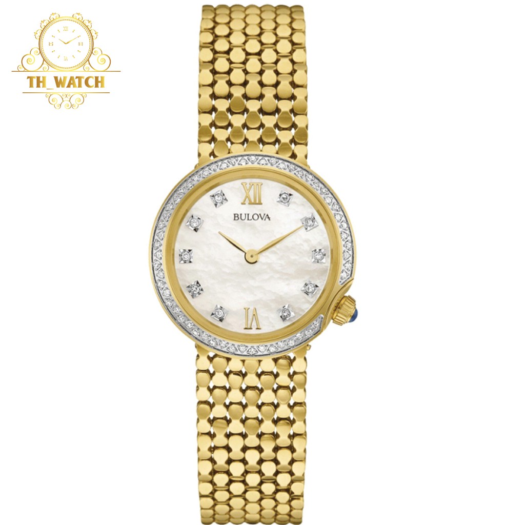 Đồng hồ Nữ hàng hiệu Bulova 98R218 mặt trắng xà cừ, cọc số đính hạt, dây kim loại, kính cứng - Máy quartz