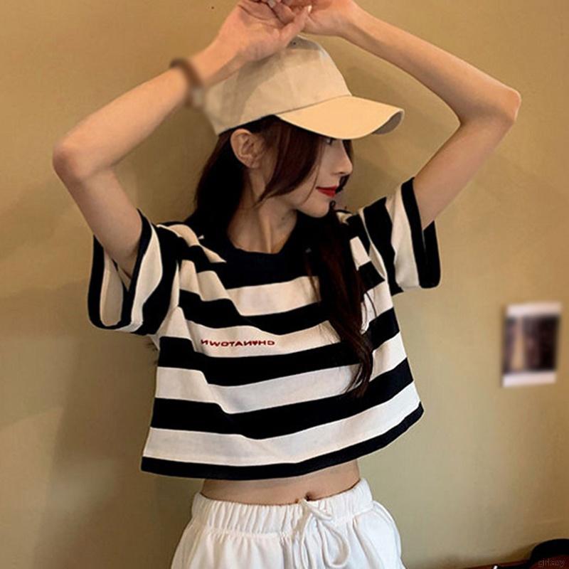Áo Thun Tay Ngắn Dáng Rộng Kẻ Sọc Ngang Trẻ Trung Phong Cách Hàn Quốc Cho Nữ