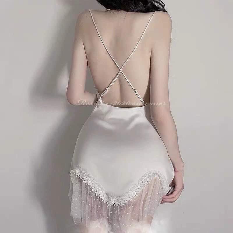 Váy Ngủ Lụa Phối Ren Bi Dễ Thương, Sexy Kèm chip. Ship hoả tốc SG