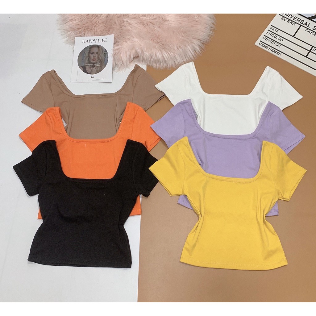 Áo croptop trơn cổ vuông xinh xắn chất thun bozip êm đẹp siêu hot