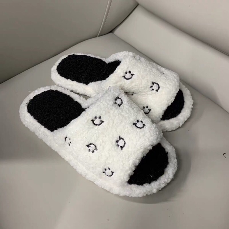 Dép bông hở mũi thêu hình mặt cười đi trong nhà cho cả nam và nữ kèm ảnh thật
