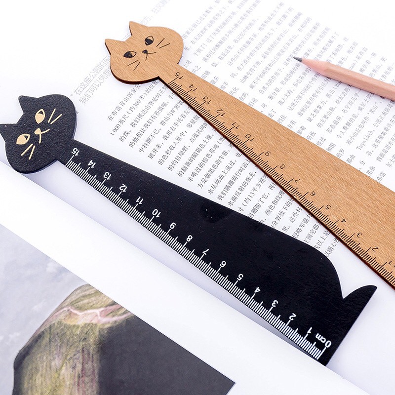 Thước Kẻ Gỗ pilu dùng trong học tập đo đạc hình mèo vàng, đen (15cm)