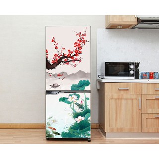 Decal dán tủ lạnh - Mẫu Hoa Sen Hoa Đào - Chất liệu cao cấp - Có sẵn keo dán