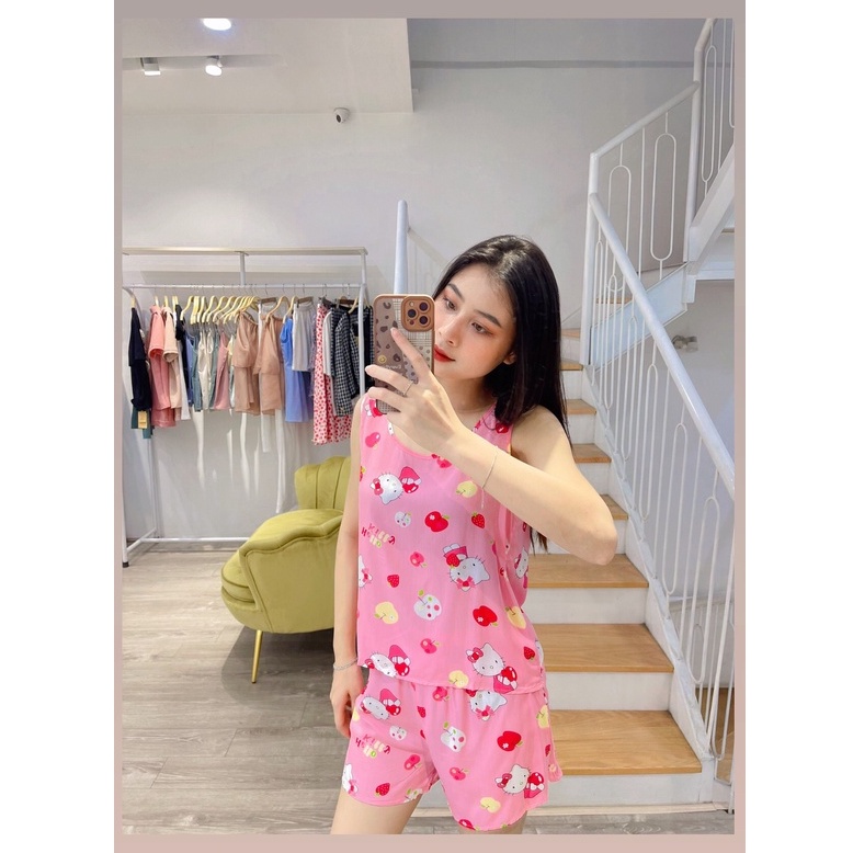 Bộ ngủ vải lanh màu hồng họa tiết Hello Kitty