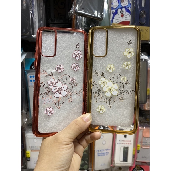 Ốp vivo Y20 dẻo trong in hoa viền xi màu bóng đính đá