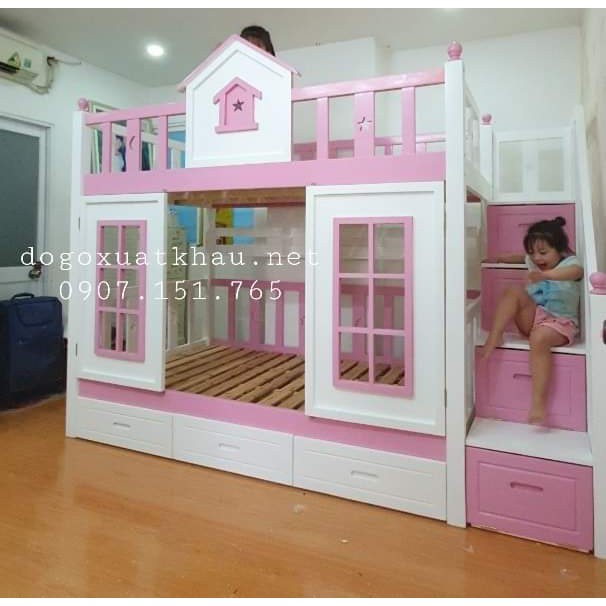 Giường tầng màu hồng cho bé gái kiểu ngôi nhà