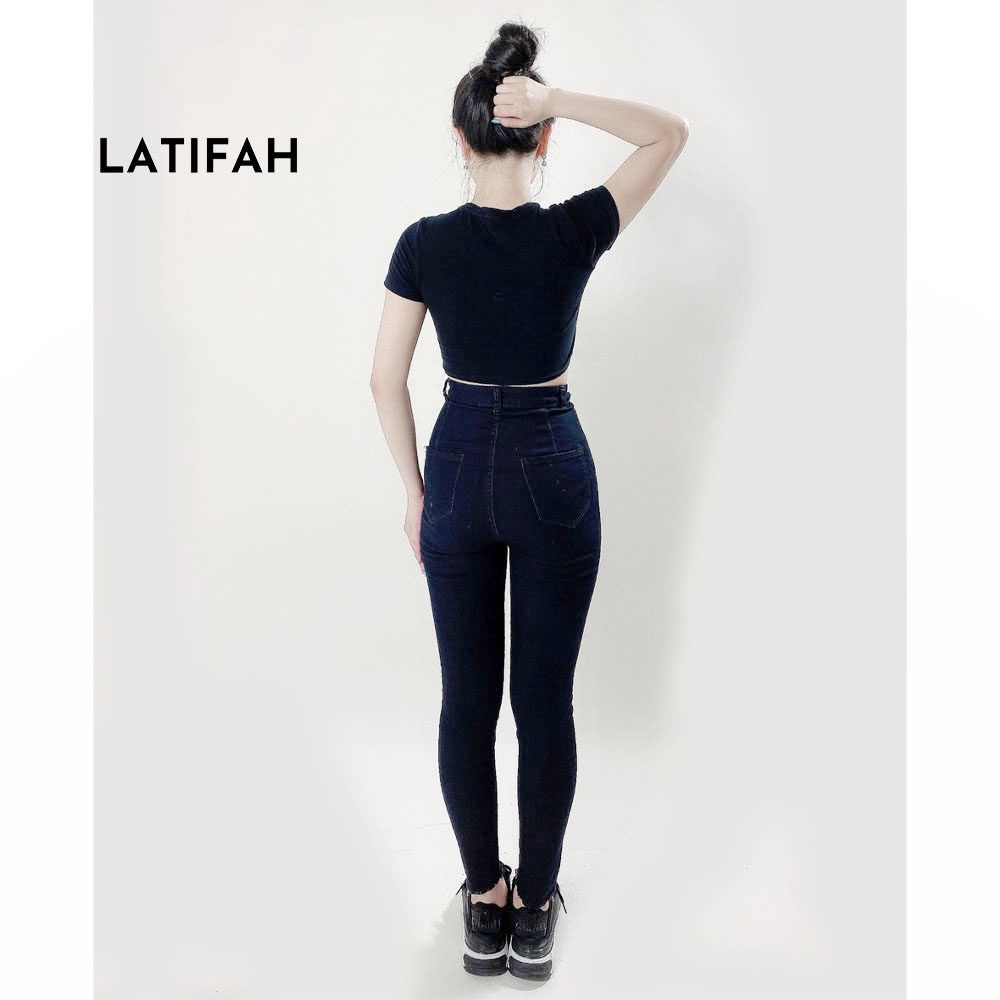 Quần dài jeans nữ co giãn LATIFAH cạp siêu cao đắp 2 túi tròn QD003