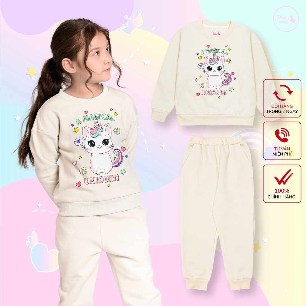 Bộ quần áo thu đông bé gái Bigfox Miss Meow size đại, bộ nỉ bông cho bé in mèo dễ thương size trẻ em 3,4,5,… 11